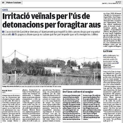 Notcia publicada a diari EL PUNT sobre les molsties que les detonacions nocturnes dels pagesos provoquen a Gav Mar (17 Novembre 2010)